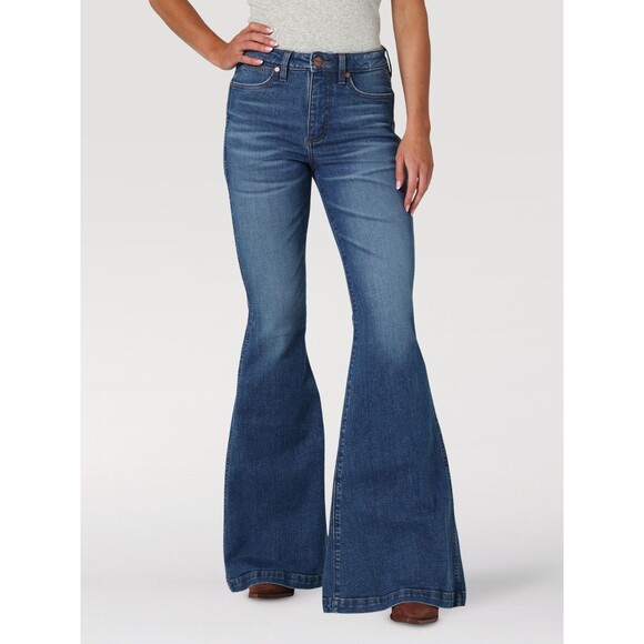 Wrangler Womens Retro High Rise Flare Denim Jeans Dark Blue Stretch Trumpet - Picture 5 of 14